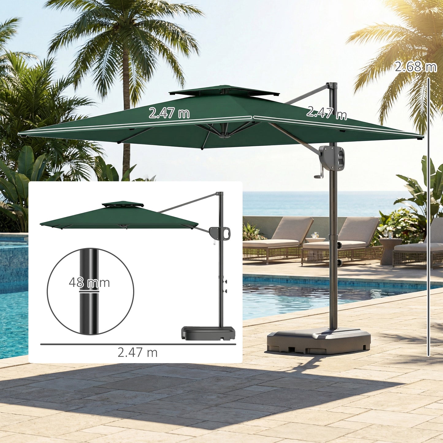 Cantilever Parasol with Weighted Base Double Top Garden Parasol Square Hanging Patio Umbrella with Crank Tilt Dark Green
