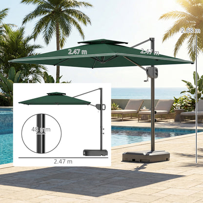 Cantilever Parasol with Weighted Base Double Top Garden Parasol Square Hanging Patio Umbrella with Crank Tilt Dark Green