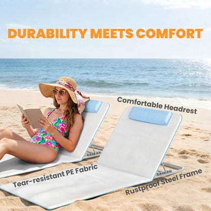 Set of 2 Foldable Garden Beach Chair Mat, Lightweight Outdoor Sun Lounger Seats with Adjustable Back, Metal Frame