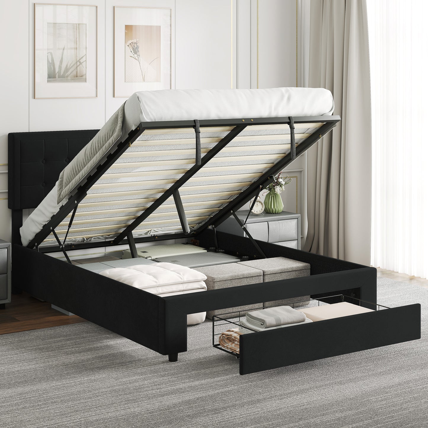 4ft6 Double Ottoman Bed Frame, with Front Drawer - Black