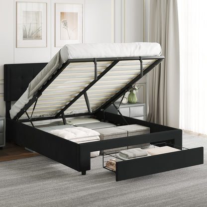 4ft6 Double Ottoman Bed Frame, with Front Drawer - Black