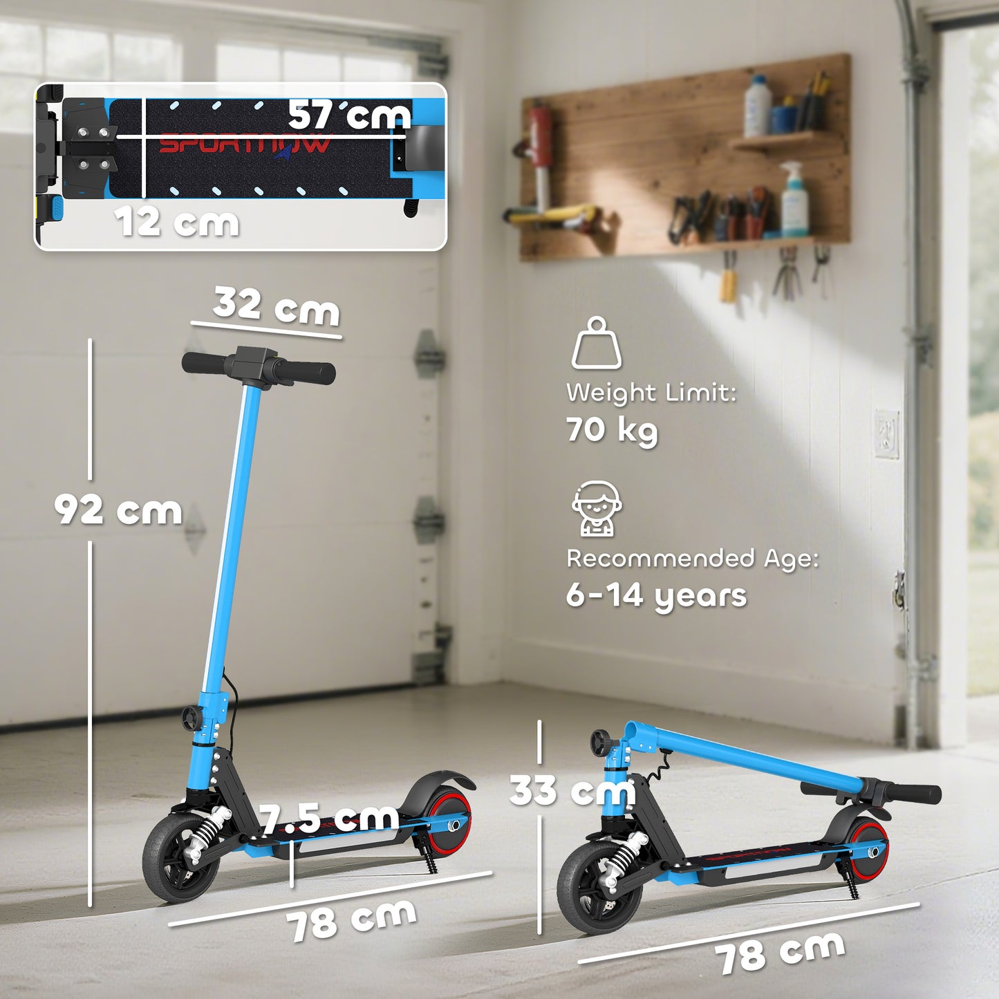 Folding Electric Scooter for Kids, with Dual Brakes, Front Suspension, LED Colourful Lights, Blue