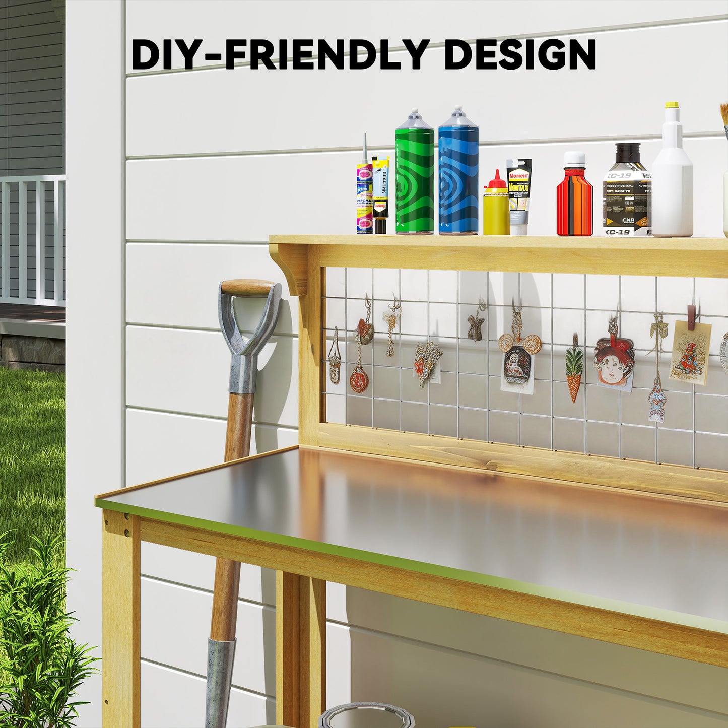Wooden Potting Bench Table with Aluminium Worktop, Outdoor Garden Workbench with 2 Shelves