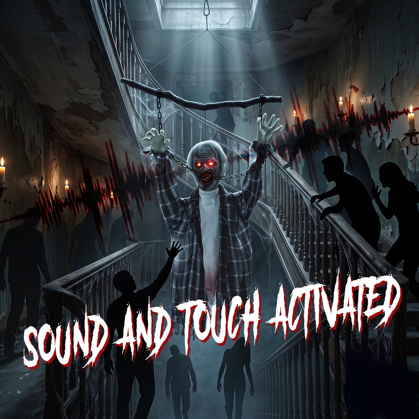 110cm Screaming Animated Hanging Halloween Decoration, Sound Touch Activated Zombie Decor with Glowing Red Eyes