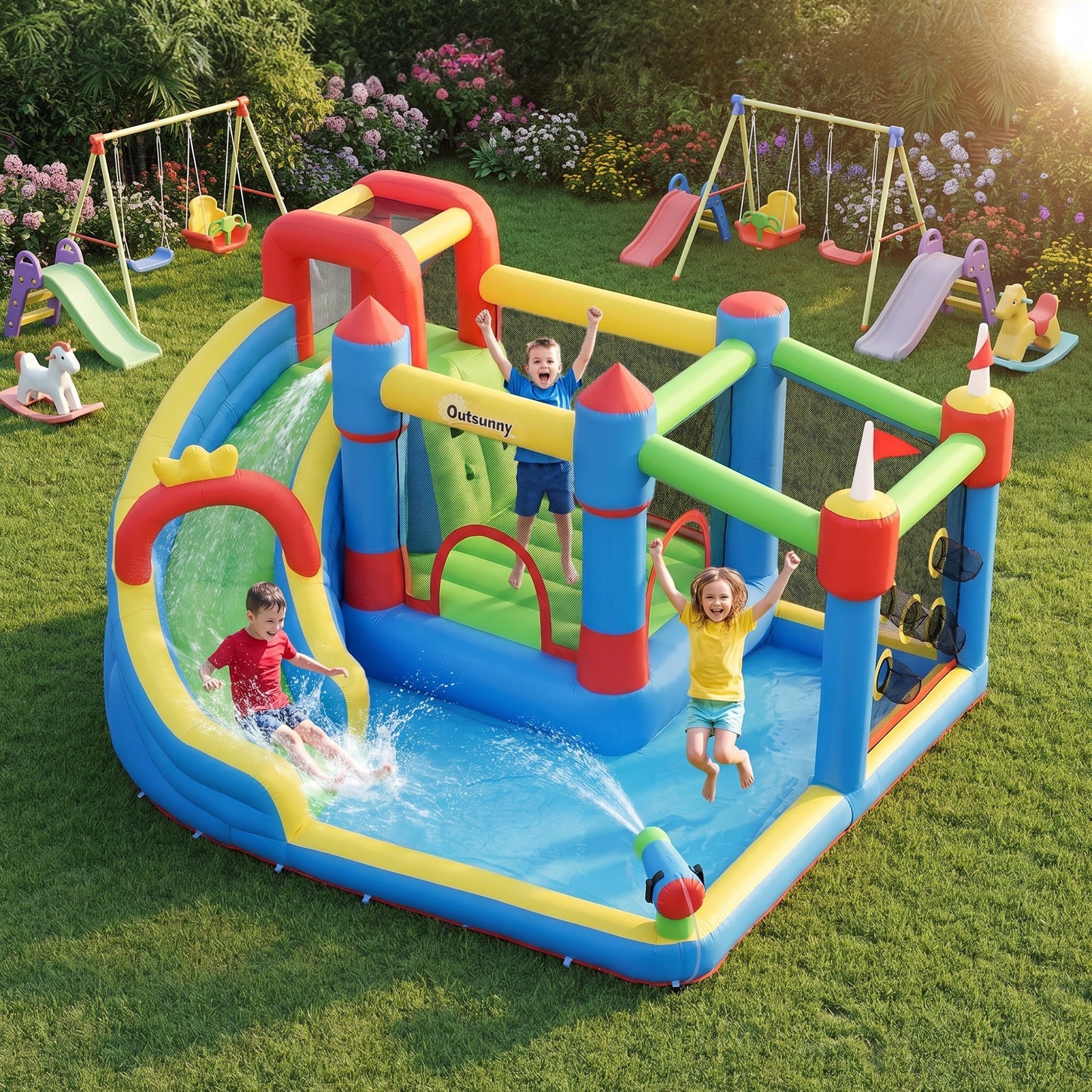 6 in 1 Kids Bouncy Castle, with Water Slide, Water Gun, Climbing Wall, Air Blower for Indoors/Outdoors, 3.9 x 3 x 2m