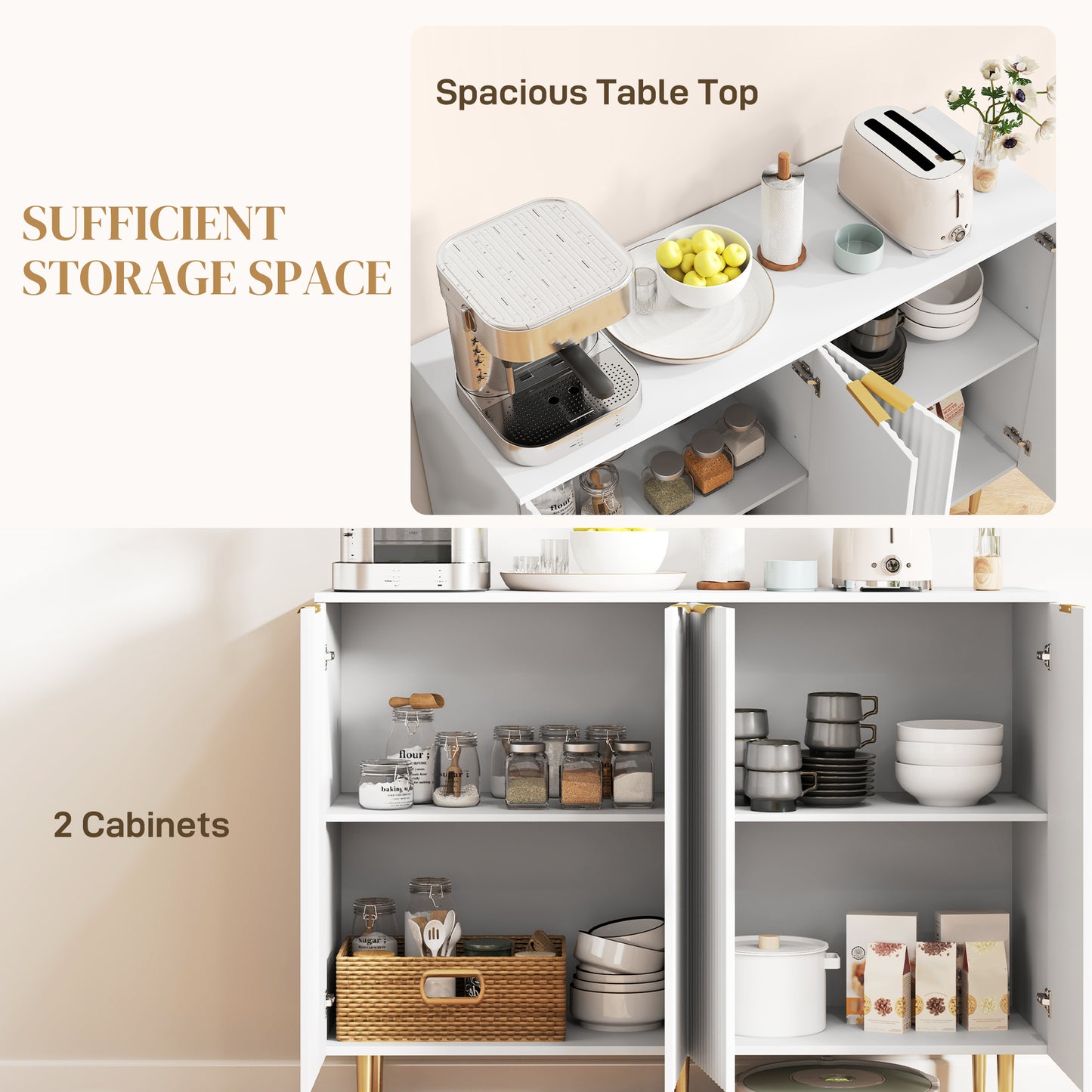Sideboard Buffet Cabinet, Modern Kitchen Storage Cabinet with Adjustable Shelves and Metal Legs, White