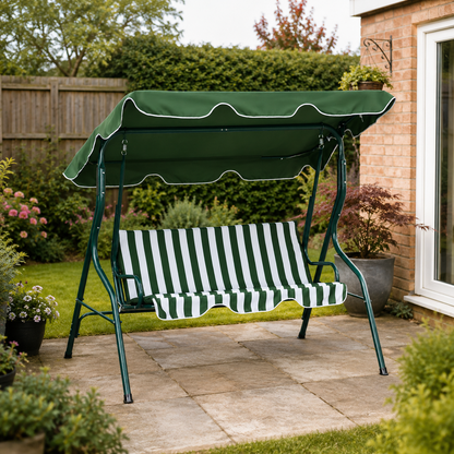 3 Seater Garden Swing Seat Chair Outdoor Bench with Adjustable Canopy and Metal Frame, Green Stripes