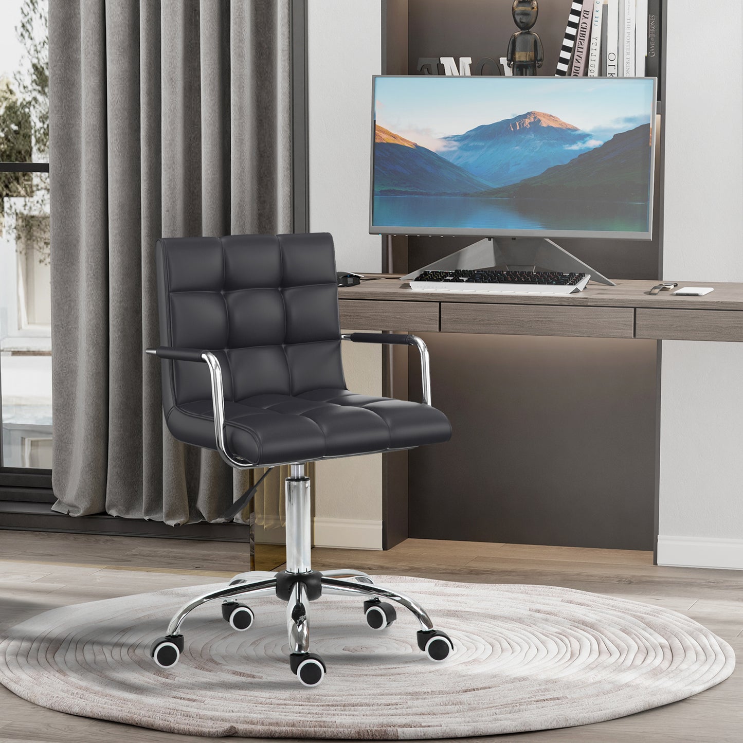 Makeup Vanity Chair, PU Leather Mid Back Office Chair with Adjustable Height, Armrest and Rolling Wheels, Black