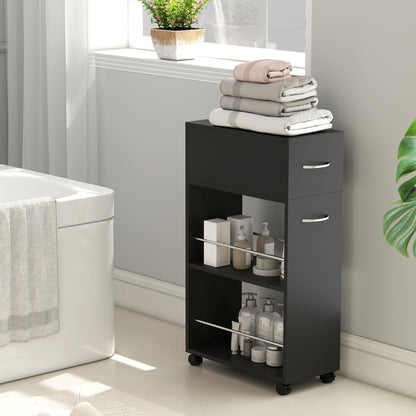 Rolling Storage Unit, 3-Tier Kitchen Cart Trolley with Drawer, Surface Top and 4 Universal Wheels, Black