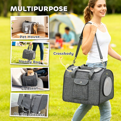Soft Sided Cat Carrier Bag, Portable Foldable Pet Carrier with Shoulder Strap & Removable Mat for Small Pet Up to 10kg