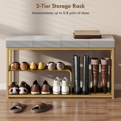 Bench and Shoe Storage, Tufted Shoe Storage Bench with Velvet Seat Cushion Gold Steel Frame for Entryway, Grey
