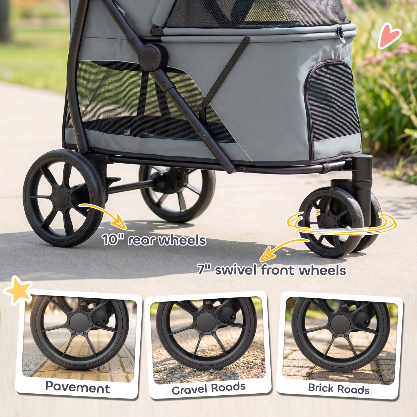 Dog Stroller, 3 Wheels Pet Stroller with Dual Entry, Easy One-Click Quick Fold, Mesh Windows, Washable Cushion