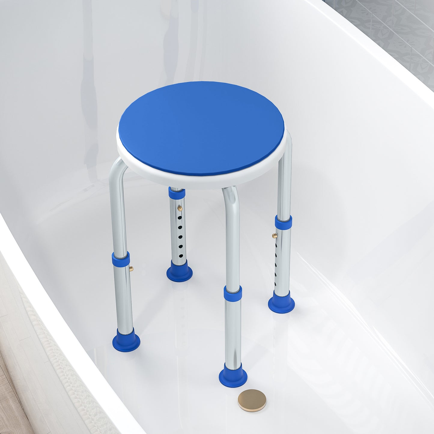 360° Swivel Shower Chair, Height Adjustable Aluminium Shower Stool with Non-Slip Feet for Disabled, Elderly, Blue