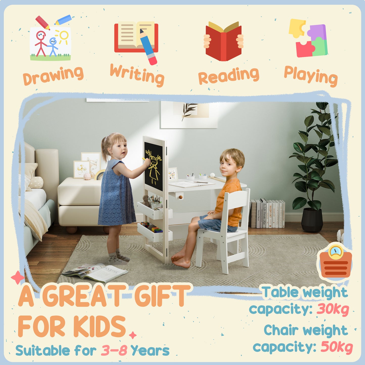 3 in 1 Kids Table and Chair Set with Storage, Whiteboard, Blackboard & Roll Paper for 3-8 Years, White