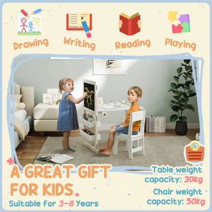 3 in 1 Kids Table and Chair Set with Storage, Whiteboard, Blackboard & Roll Paper for 3-8 Years, White