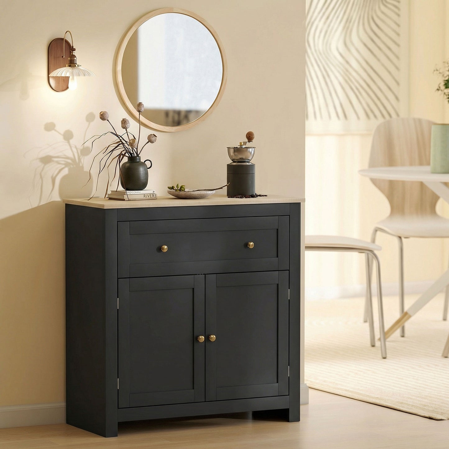 Sideboard Storage Cabinet, Modern Kitchen Cupboard with Adjustable Shelf, Drawer and Double Doors, Black