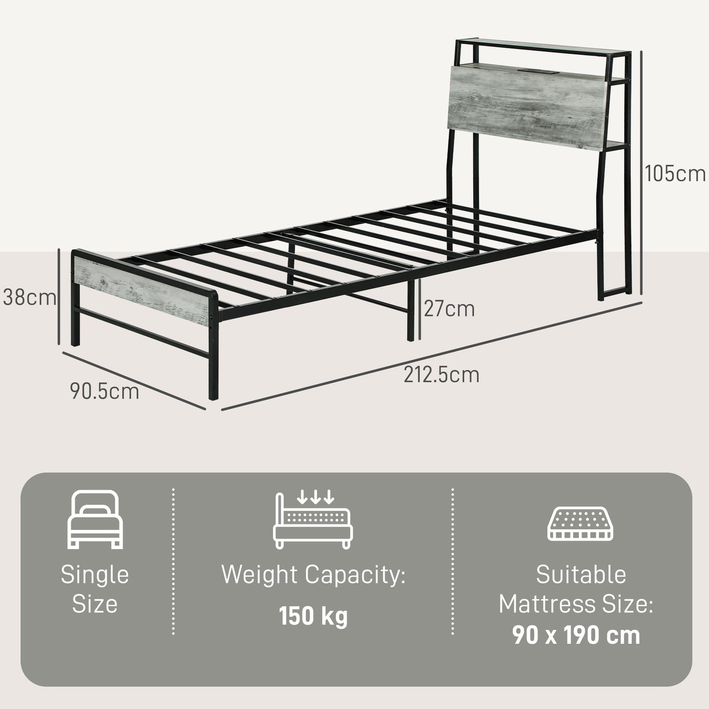 Single Steel Bed Frame, with LED Lights and Shelf - Grey