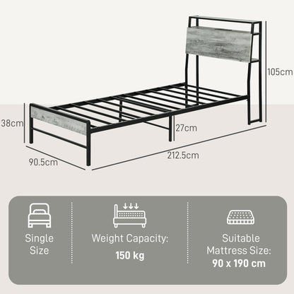 Single Steel Bed Frame, with LED Lights and Shelf - Grey