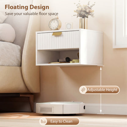 Set of 2 Wall Mounted Nightstands, Floating Bedside Tables with Fluted Drawer and Open Shelf for Small Bedroom, White