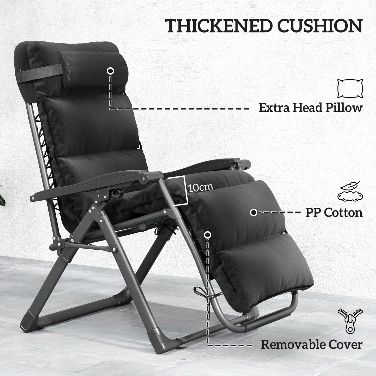 Set of Two Reclining Sun Loungers, with Cushion - Black