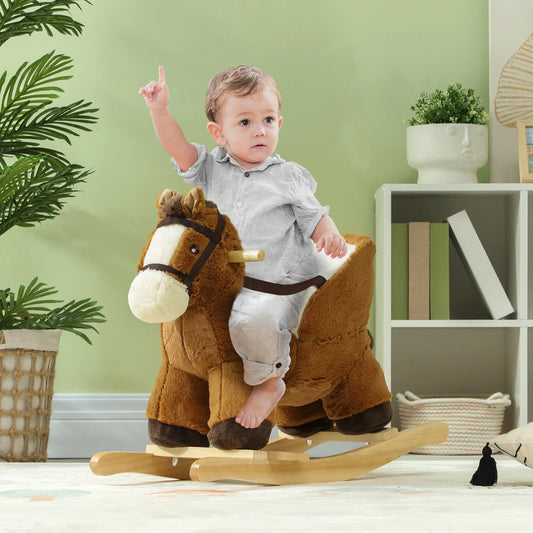 Kids Rocking Horse Plush Ride on Horse with Sound Effect and Wooden Base