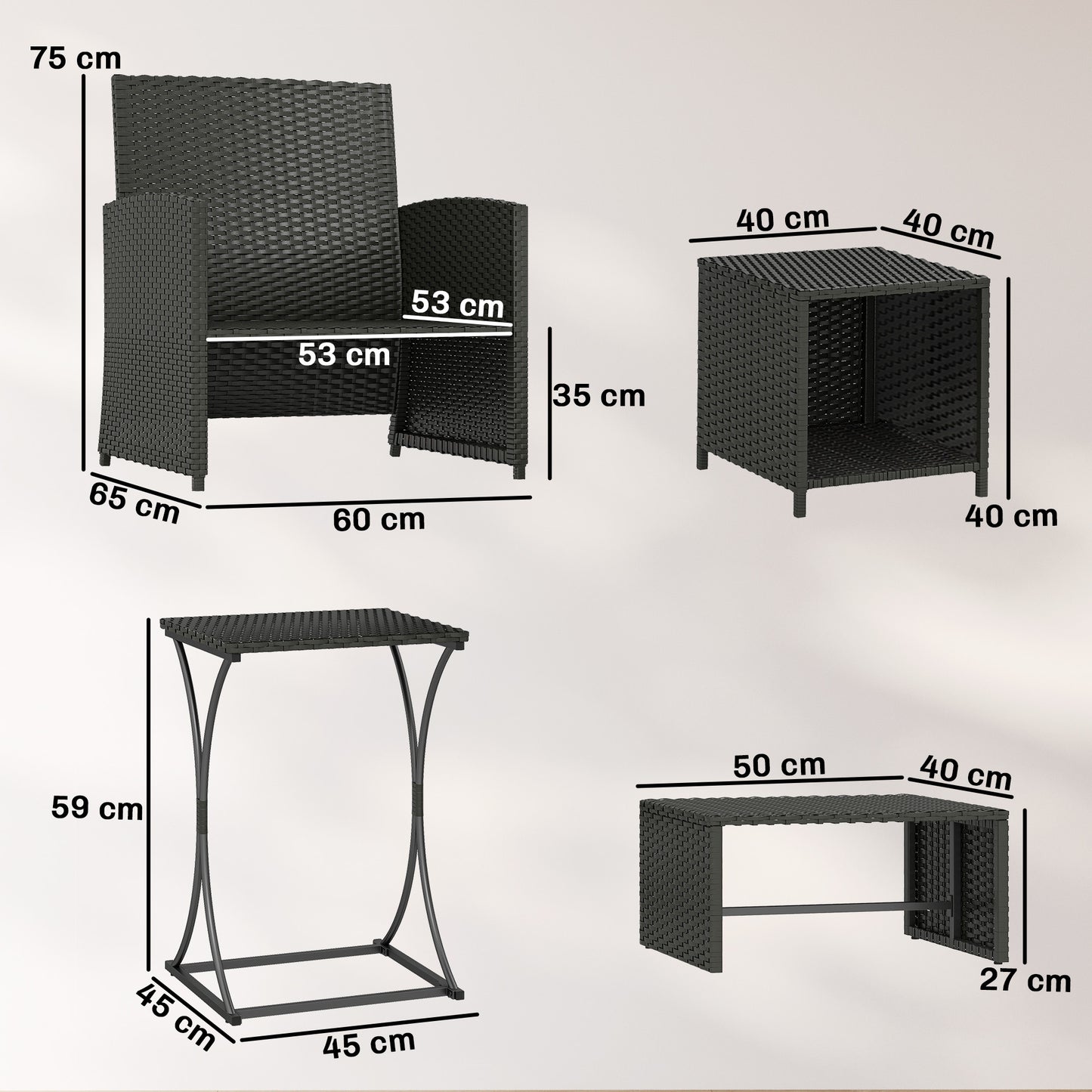 6 Piece Rattan Garden Furniture, Space-Saving Patio Furniture Set with Nesting Tables, Chairs, Stools, Cushions, Black