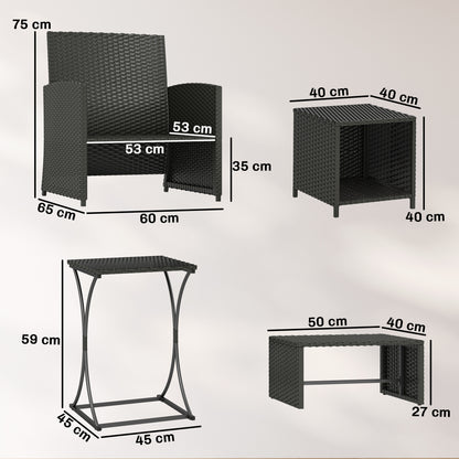 6 Piece Rattan Garden Furniture, Space-Saving Patio Furniture Set with Nesting Tables, Chairs, Stools, Cushions, Black