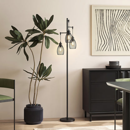 3-Light Floor Lamp, 170cm Industrial Dimmable Standing Lamp with Steel Wire Cage Lampshades for Living Room, Bedroom