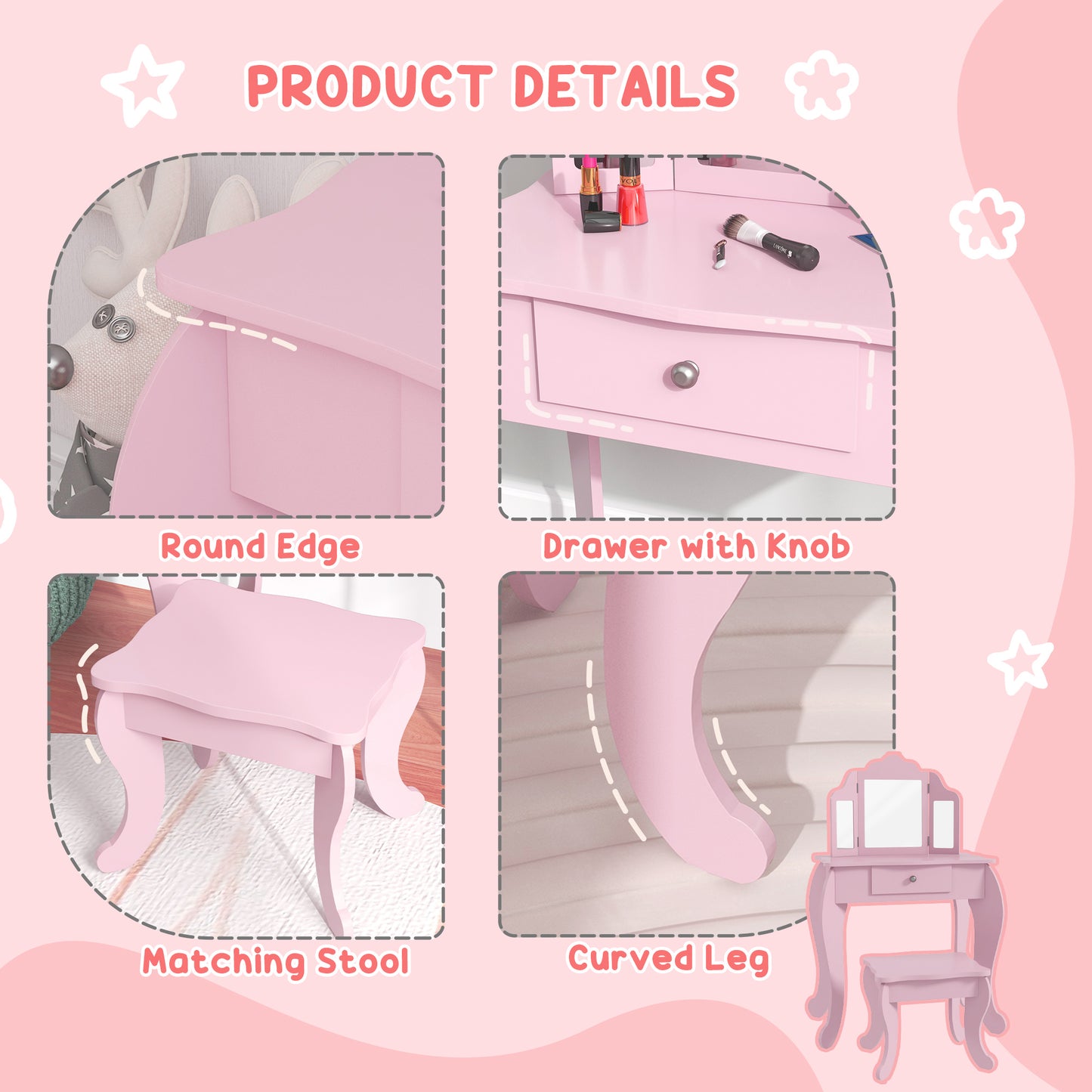 Kids Vanity Table and Chair Set with Tri-Folding Mirror and Stool, Makeup Dressing Table with Drawer, Pink