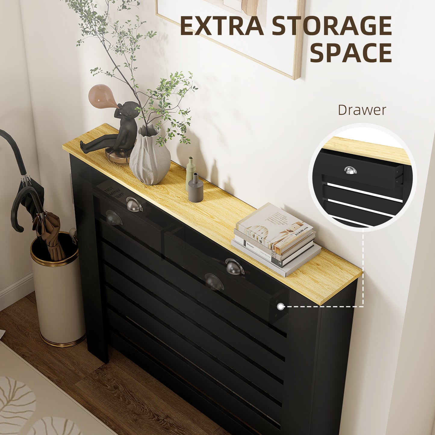 95.5H x 111Wcm Radiator Cover, with Drawer - Black