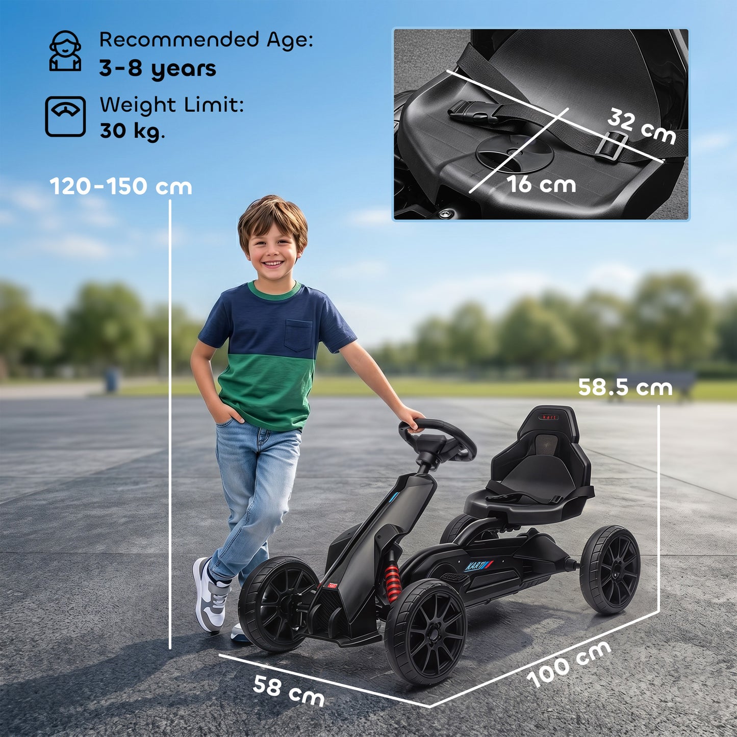 Kids Pedal Go Kart, with Adjustable Seat, EVA Wheels, Seat, Handbrake - Black