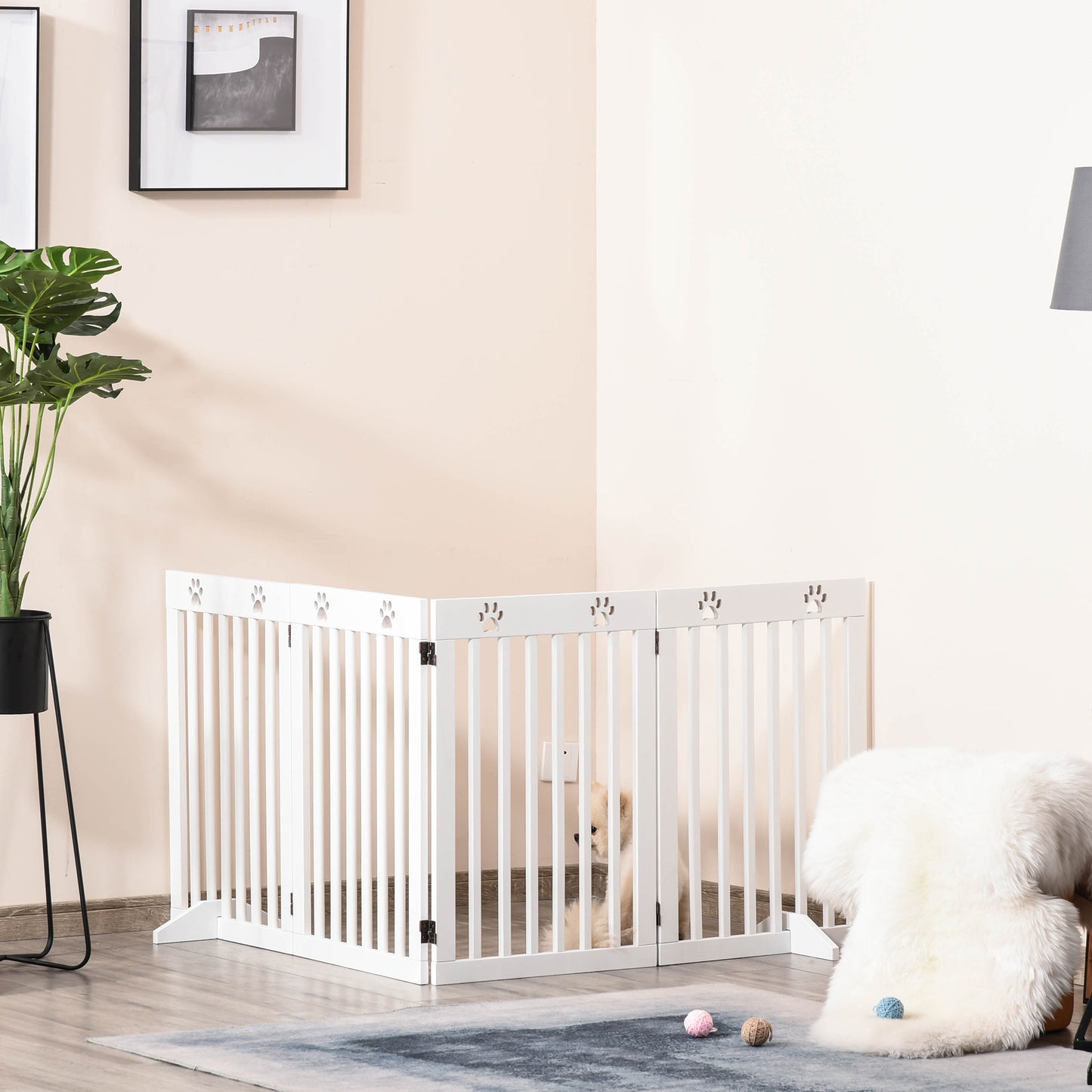Wooden Pet Gate Foldable Freestanding Dog Safety Barrier w/ Support Feet