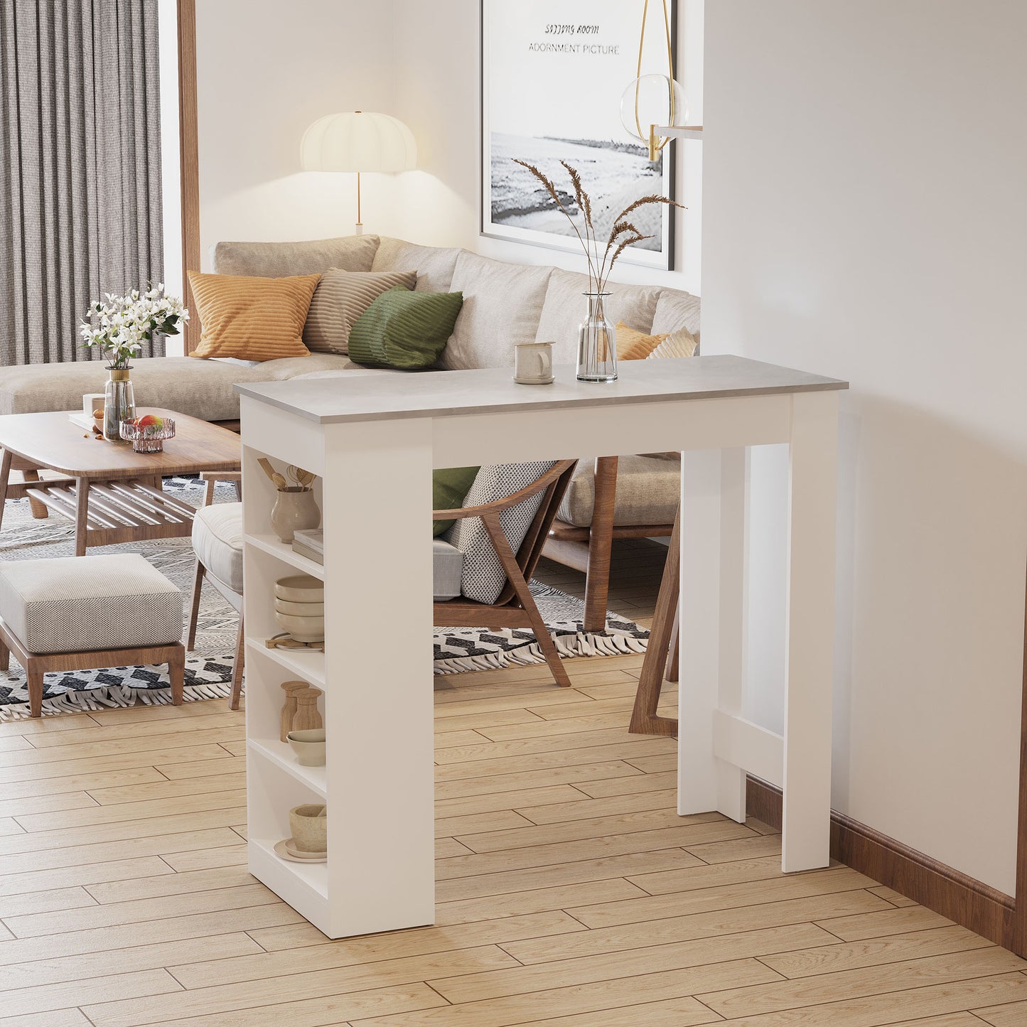 Bar Table, Dining Table with 4-Tier Storage Shelf for Breakfast Bar, Kitchen, Dining Room, Living Room, Grey