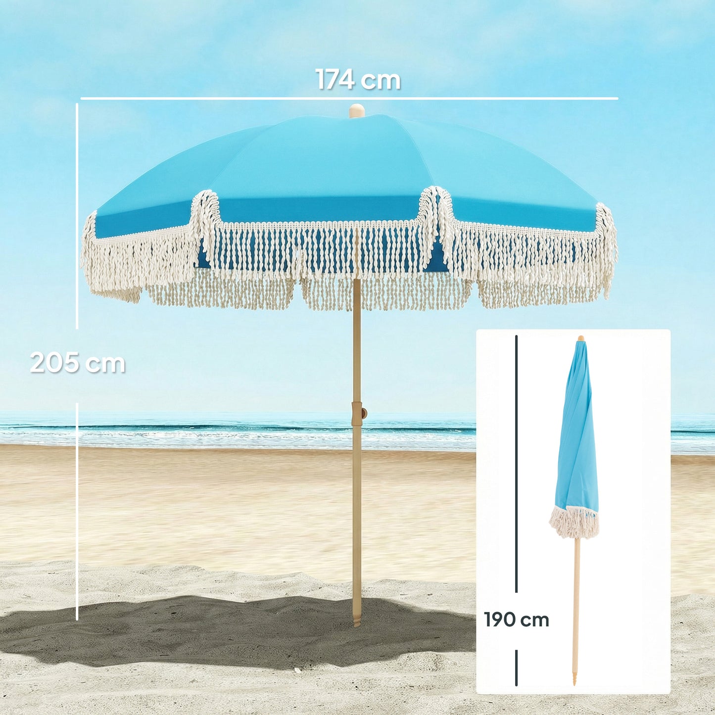 1.7 m Beach Umbrella with Sand Anchor, 30° Tilting Fringed Beach Garden Parasol with Adjustable Height, Grey