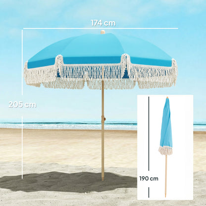 1.7 m Beach Umbrella with Sand Anchor, 30° Tilting Fringed Beach Garden Parasol with Adjustable Height, Grey