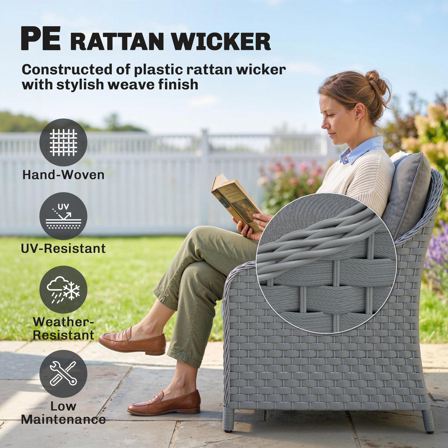 4-Piece Wicker Patio Furniture Set with 2 Armchairs, Loveseat, Glass Coffee Table, Conversation Sofa Set, Dark Grey