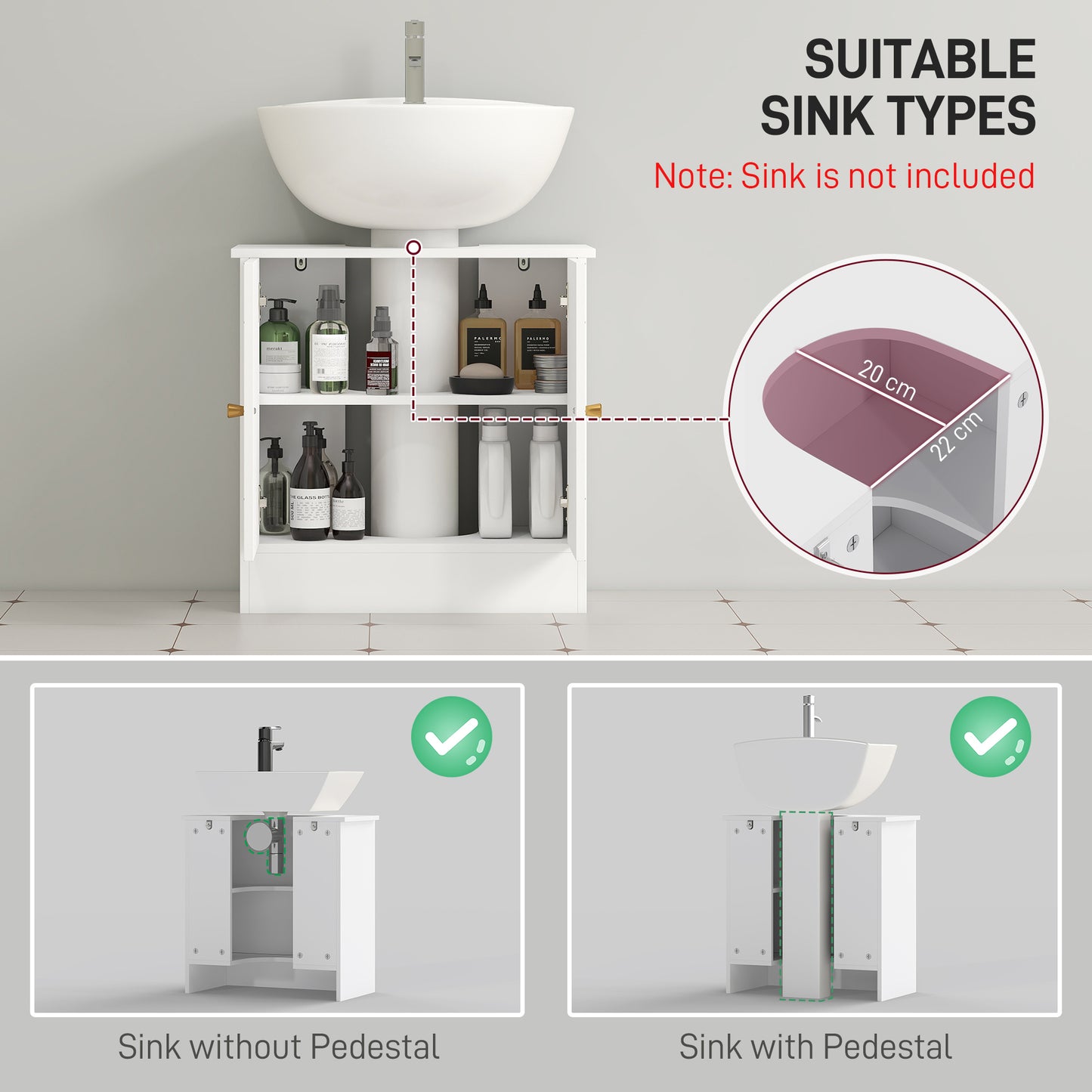 Under Sink Bathroom Cabinet, Under Sink Cabinet with Adjustable Shelf and Open Compartment for Basin with or without Pedestal