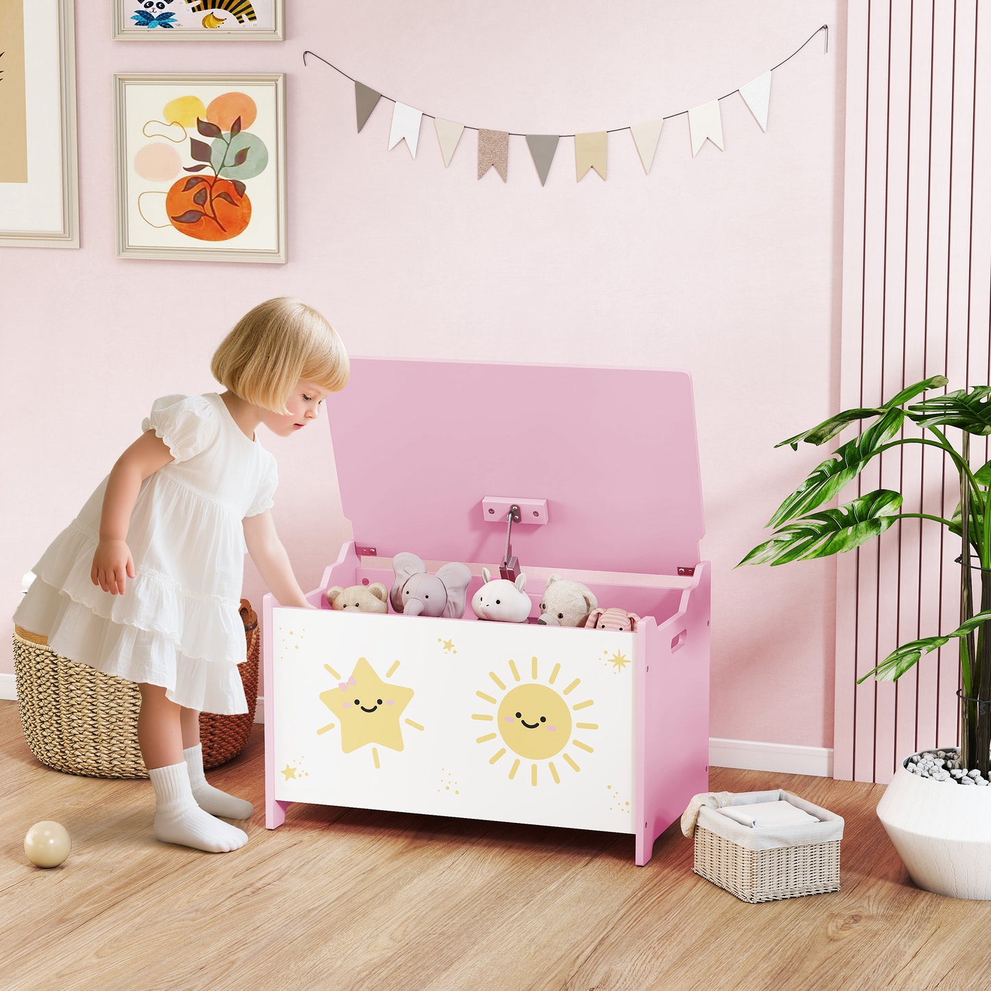 Toy Box with Lid, Safety Hinges and Groove Handles, Toy Storage organiser for Kids, Living Room, Playroom, Pink
