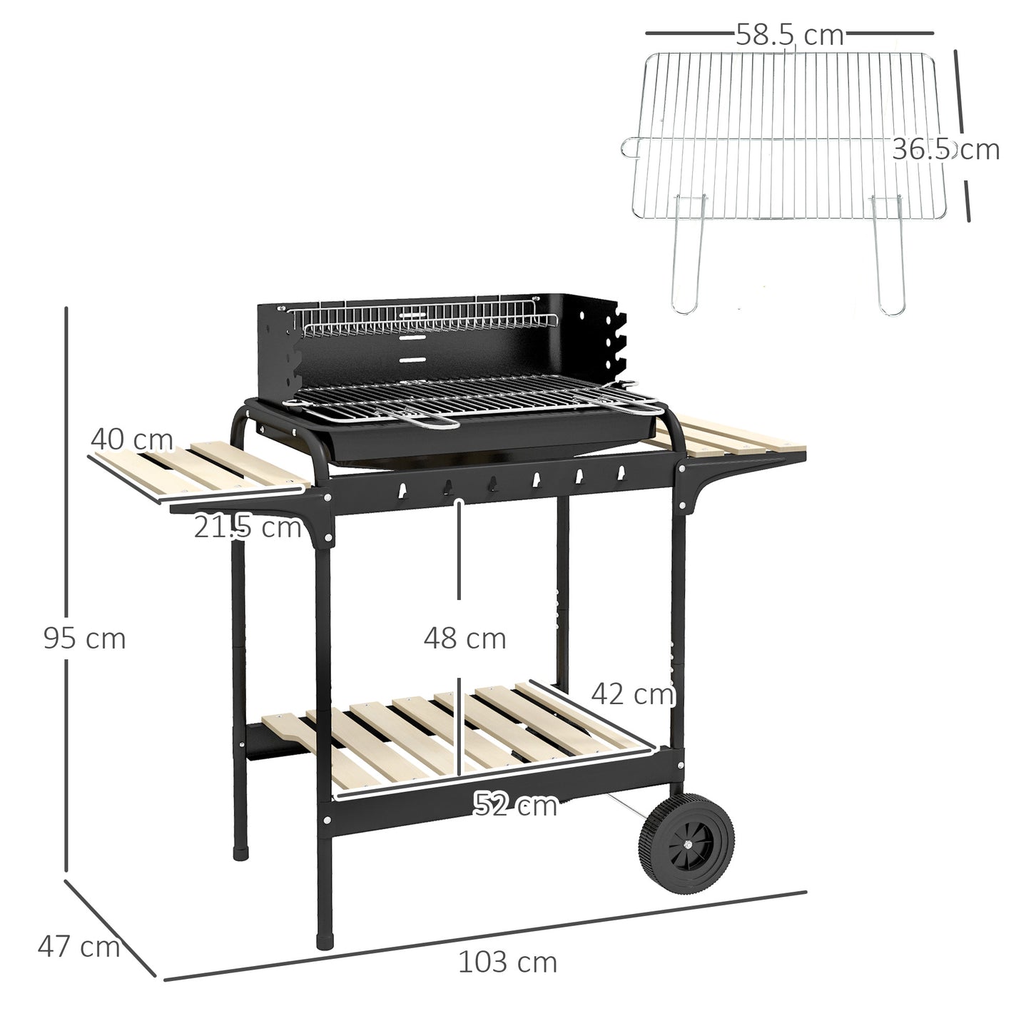 Charcoal Barbecue Grill with Adjustable Grill Height, Portable BBQ Trolley