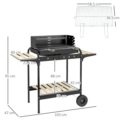 Charcoal Barbecue Grill with Adjustable Grill Height, Portable BBQ Trolley