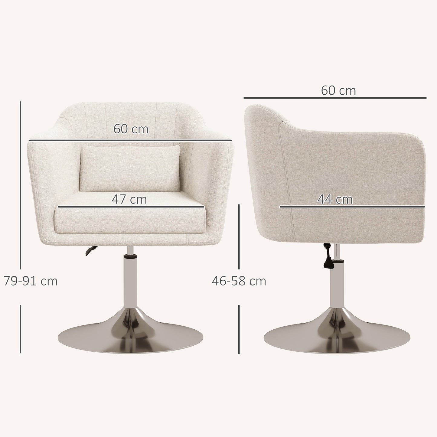 Modern Accent Chair with Swivel Base, Height Adjustable Arm Chair with Pillow for Living Room, Bedroom, Cream White
