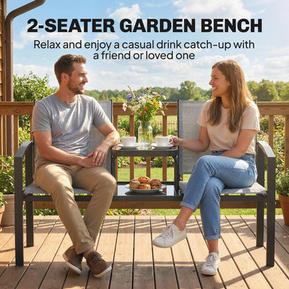 Garden Love Seat, 2 Seater Jack and Jill Loveseat Companion Seat with 2-Tier Glass Table, Breathable Texteline, Grey