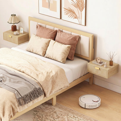 Modern Floating Nightstands Set of 2, Wall Mounted Bedside Tables with Wave Drawer Oak