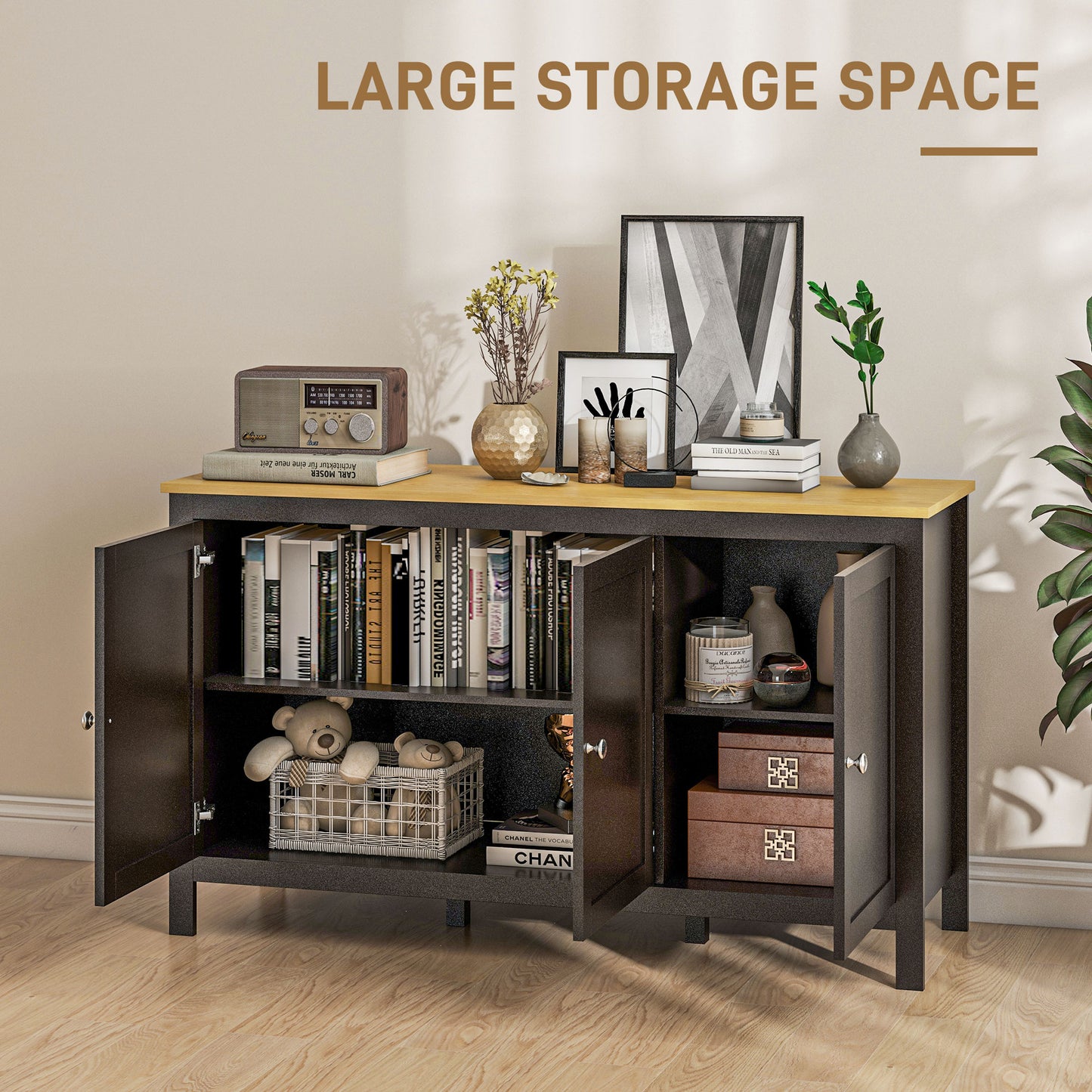 Sideboard, Buffet Cabinet with Doors and Adjustable Shelves for Living Room, Entryway, Black and Natural