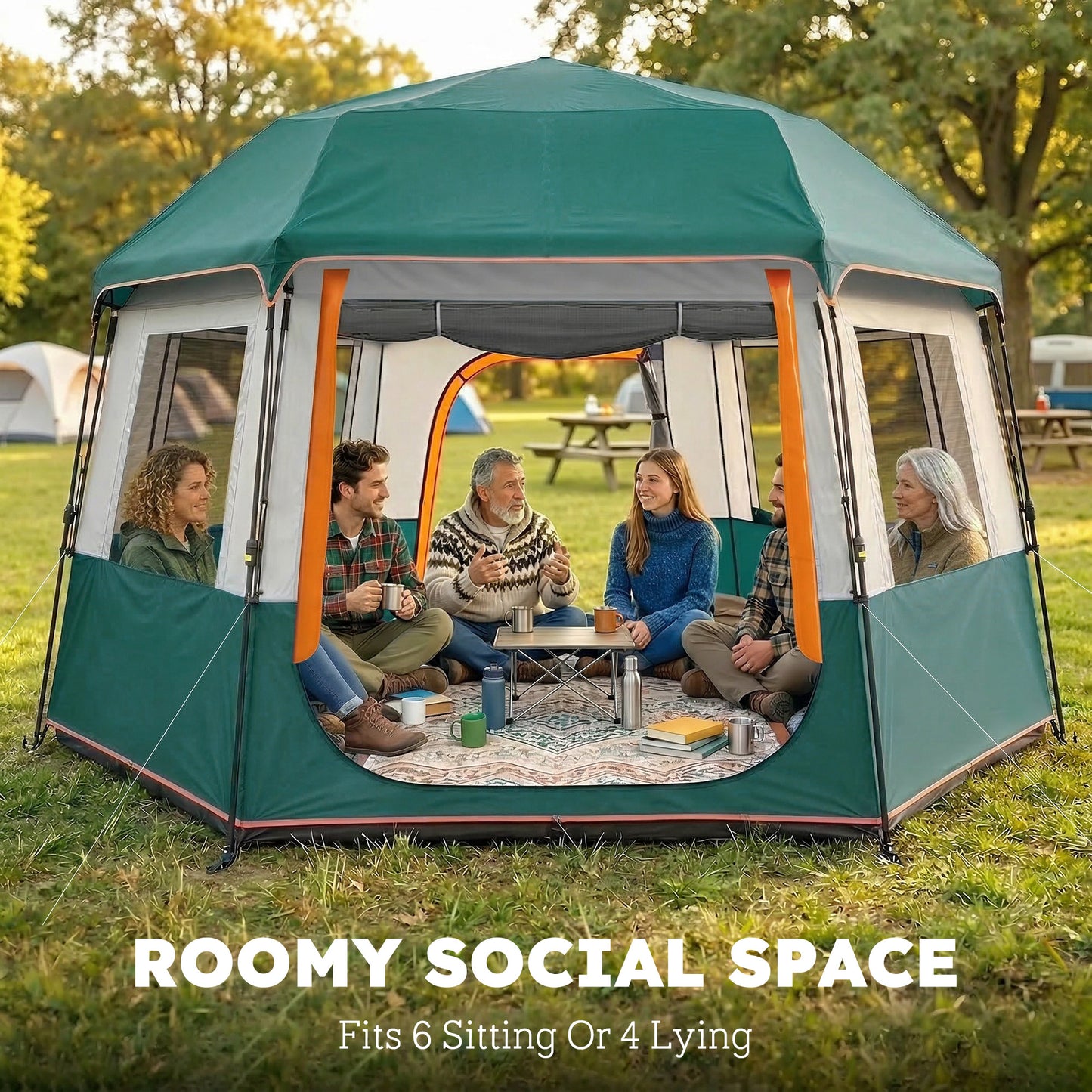 Cabin Tent Easy Setup 3000mm Waterproof Camping Tent 4 Person with Carrying Bag Green