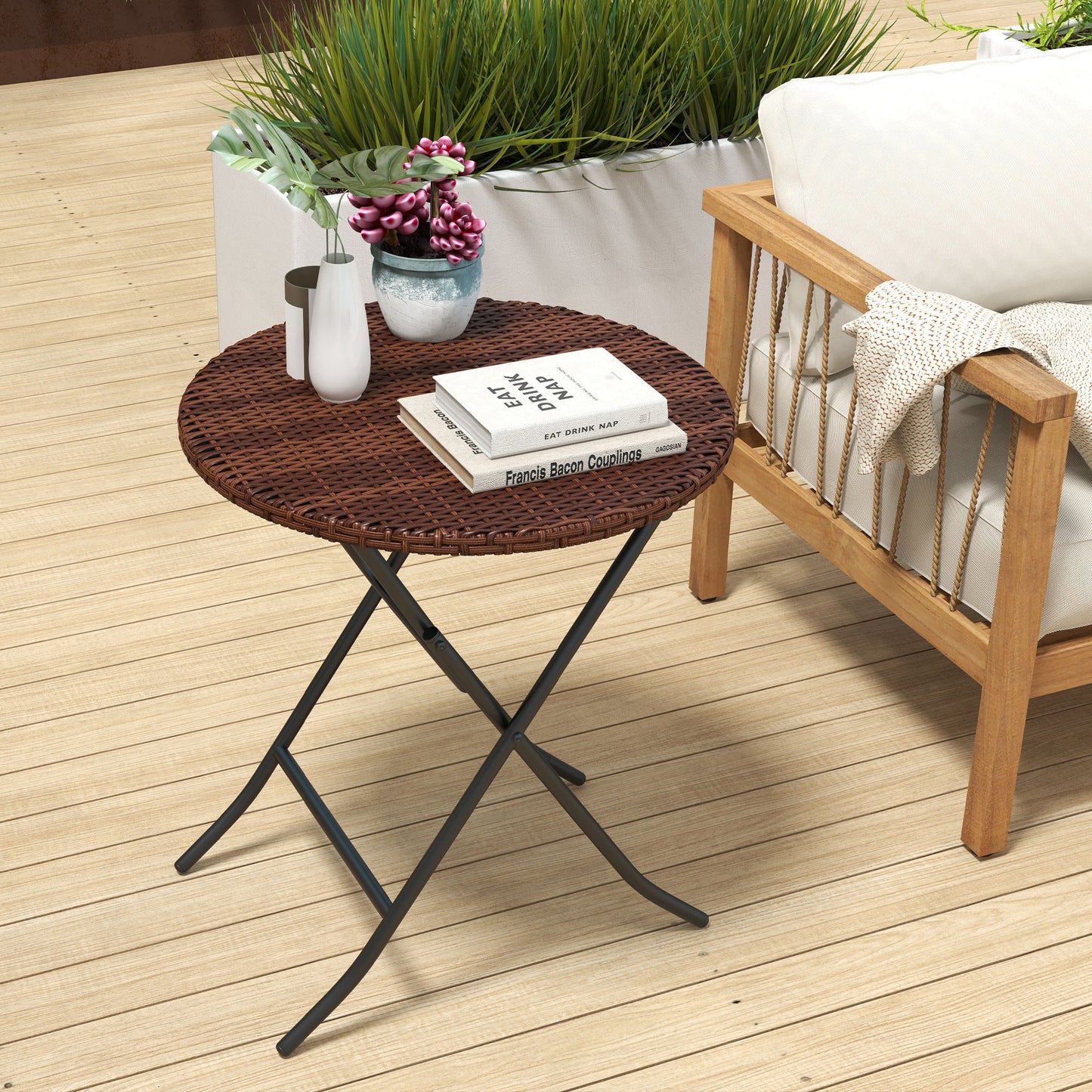 Foldable PE Rattan Outdoor Coffee Table, Metal Frame Wicker Round Side Table, Coffee Table Side Table for Lawn, Garden