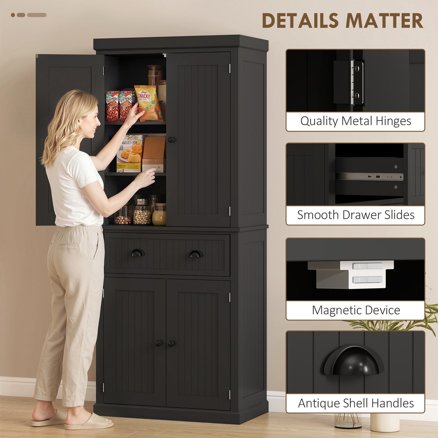 Kitchen Storage Cabinet with Drawer and Adjustable Shelves - Black