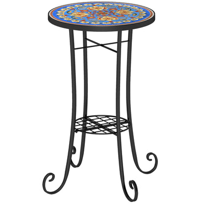 Mosaic Garden Table, 35.5 cm Round Outdoor Table with Shelf, Ceramic Tile Top
