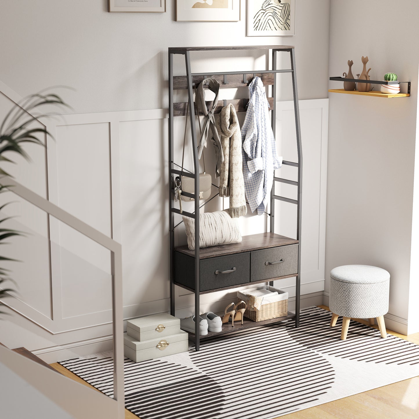 Coat Rack with Shoe Storage, Hall Tree, Industrial Coat Stand with Shoe Bench, 10 Removable Hooks