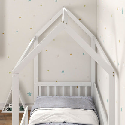 House-Shaped Kids Bed Frame with Guard Rails, Solid Pine Wood Single Bed Frame for Kids Boys and Girls